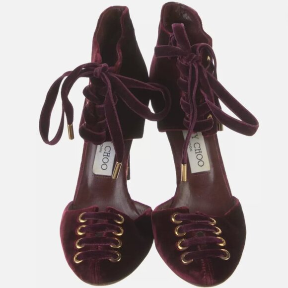 JIMMY CHOO MARI Burgundy Wine Velvet Lace-Up Pumps- SZ IT 36.5 - Picture 3 of 10